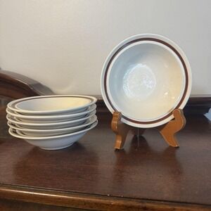 6 - 5.75" Genuine Stoneware Berry Bowl Brown Stripe Ice Cream Fruit Japan SET
